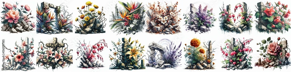 Fototapeta premium Flowers with cracked stones. Watercolor style. AI generated illustration