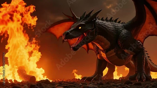 Majestic Dragon Breathing Fire Against a Dark Sky Fiery Flames Roar