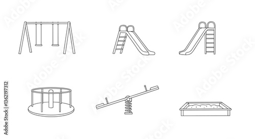 Playground equipment icons: swings, slides, seesaw, sandbox, and merry-go-round.