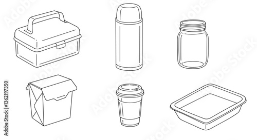 Line art of various food containers.