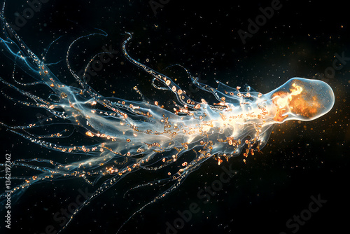 Translucent Sharpear Enope Squid with Intricate Tentacles in Deep Black Ocean Nightscape photo
