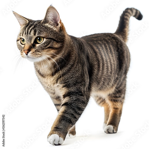 Striped tabby cat walking gracefully across a bright white background in a studio setting