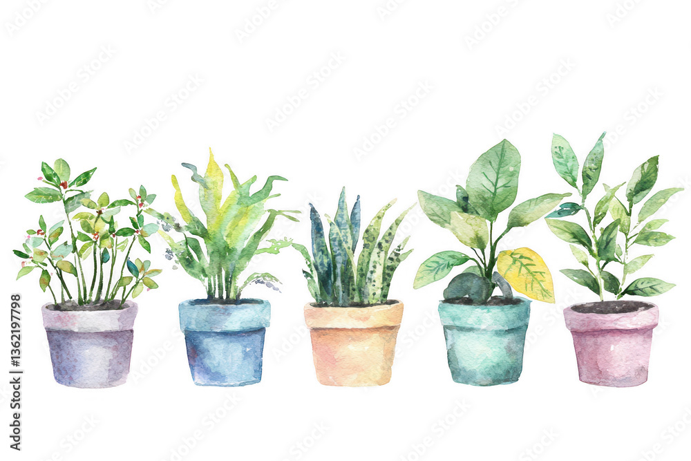 A series of five colorful pots containing various vibrant plants, showcasing diverse foliage and textures. A series of five colorful pots containing various vibrant plants, showcasing diverse foliage and textures.