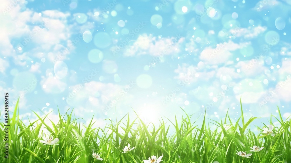 Fototapeta premium Beautiful spring or summer background with green grass and blue sky illustration