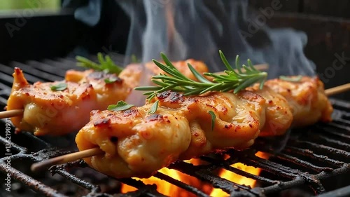 Juicy Grilled Chicken Skewers with Rosemary Garnish sizzling over an open flame