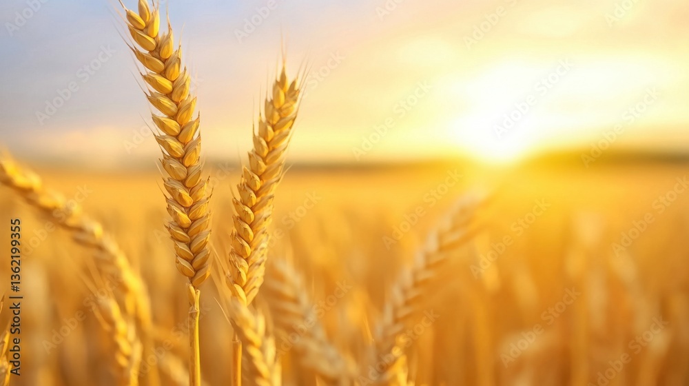 Fototapeta premium Vibrant wheat field at sunset with glowing golden ears of grain swaying in the warm golden light A serene pastoral landscape showcasing the abundance and beauty of the autumn harvest season