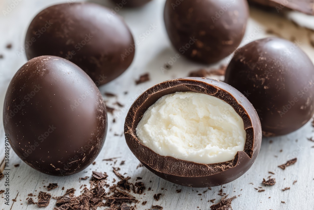Assorted Swirled Chocolate Easter Eggs in White, Milk, and Dark Patterns on Clean White Background