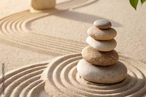 Finding inner peace in a serene zen garden with carefully balanced stones creating a tranquil atmosphere in soft sunlight. photo
