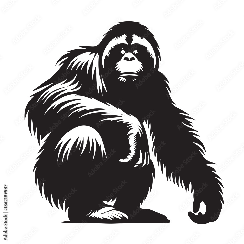 Obraz premium Black Color Orangutan Silhouette Vector Illustration, Solid White Background
