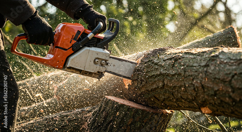 Wallpaper Mural Chainsaw cutting through tree trunk, wood chips flying, professional logging and forestry work, industrial timber harvesting and environmental management Torontodigital.ca