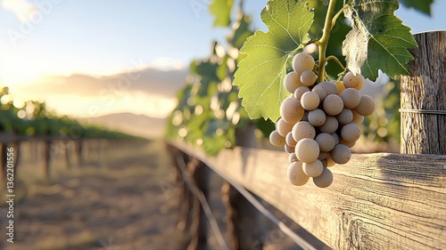 Close-up of sunlit grape cluster on vineyard, warm sunset glow, serene natural setting.