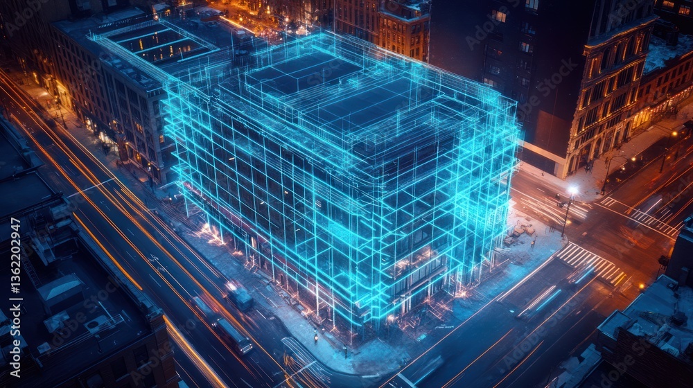 Obraz premium Nighttime city building blueprint overlay, architectural planning, urban development