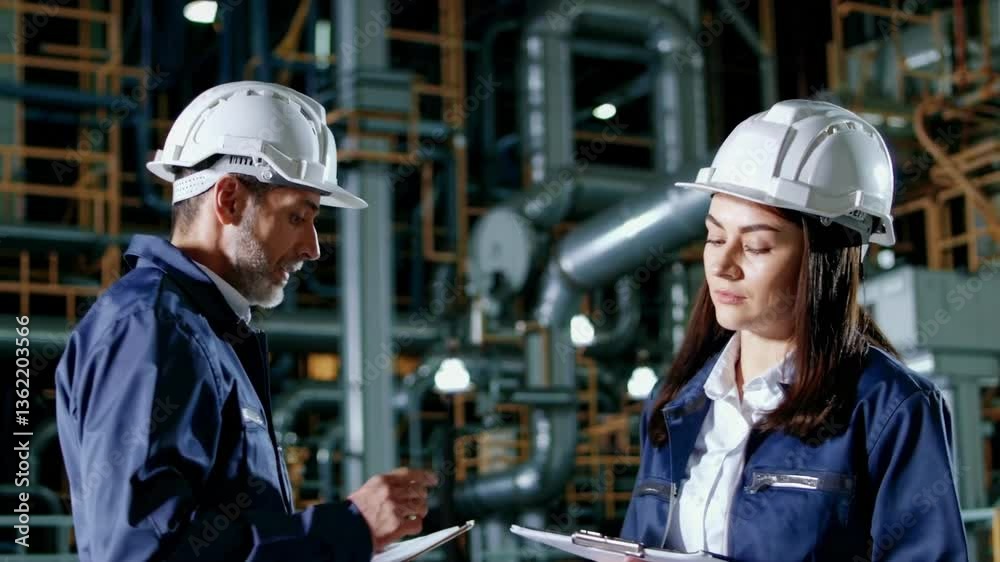 Video of engineers in hard hats discussing in an industrial setting. Low-angle shot emphasizes the complex machinery in the background. Video of engineers in hard hats discussing in an industrial setting. Low-angle shot emphasizes the complex machinery in the background.