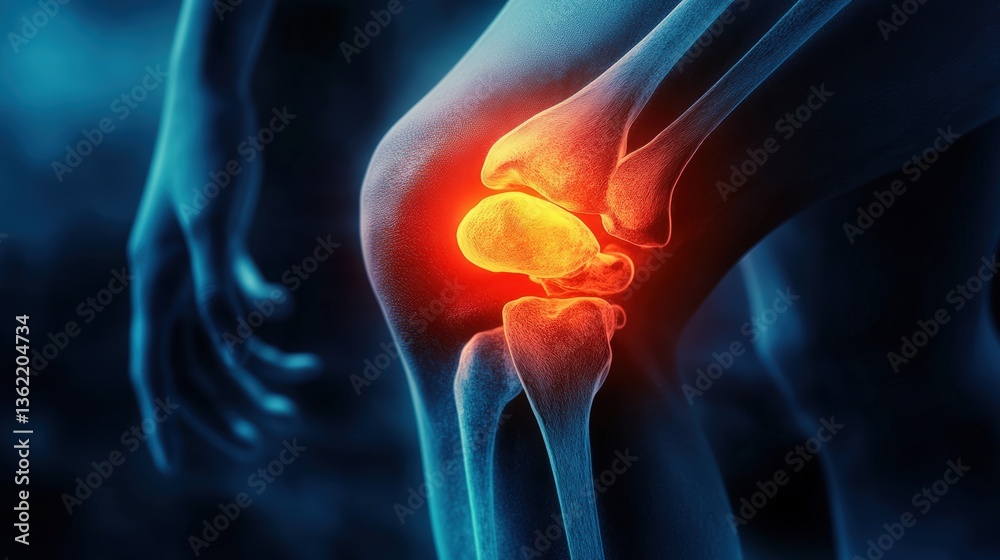 A visual representation shows a knee joint with highlighted inflammation, indicating pain and injury A visual representation shows a knee joint with highlighted inflammation, indicating pain and injury