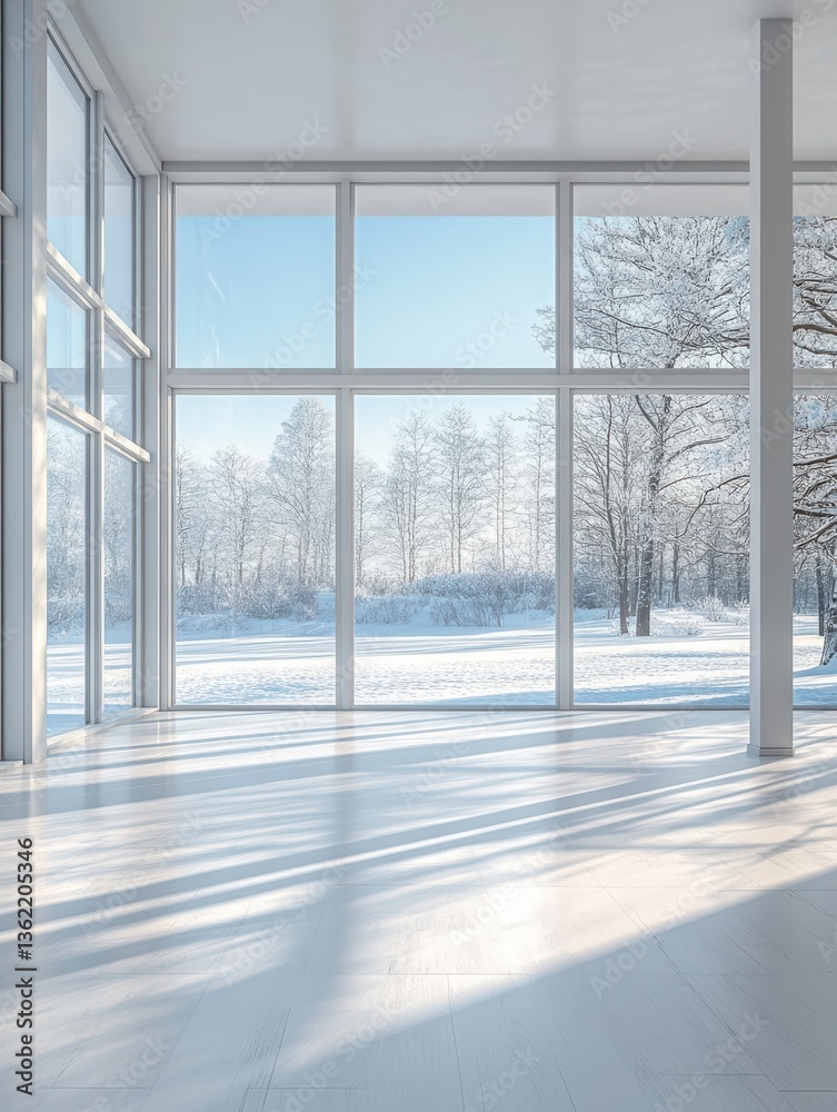 Fototapeta premium A bright, empty room with large windows showcasing a snowy landscape outside.
