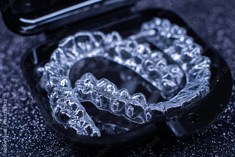 Invisalign transparent aligners rotate in a black container. Plastic removable teeth correction retainers.