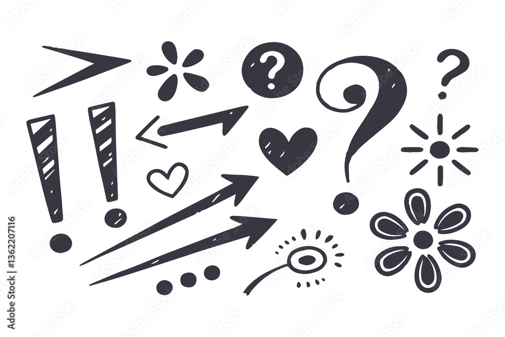Fototapeta premium Big vector set of crayon style punk doodles: arrows, hearts, spirals, trees, clouds, scribbled crowns, grungy flowers, houses, swirls, mermaid scales, charcoal sketches, and more