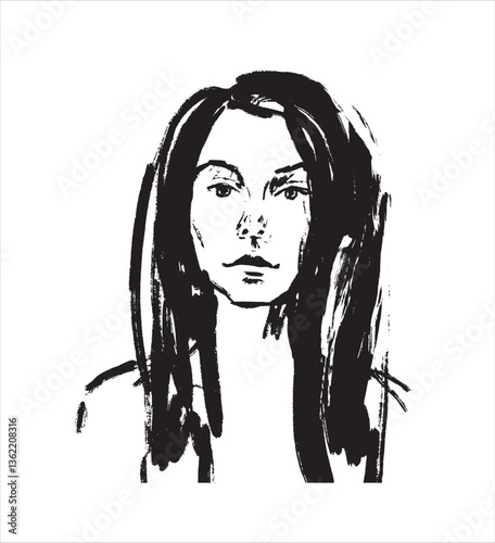 Vector illustration of woman. Charcoal girl. Charcoal sketch. Hand drawn. Curved lines. Rough drawing. Woman portrait. Scribble art. Creative drawing. Charcoal portrait drawing