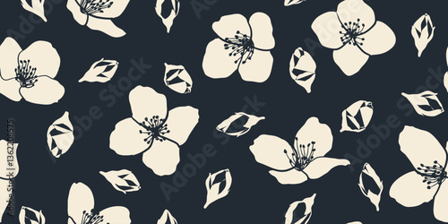Black and white jasmine flower seamless pattern, exotic floral background for summer theme. designed for cover, fabric, textile, wallpaper.