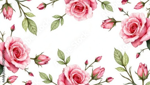 Delicate watercolor roses & leaves, repeating pattern, vintage, bud, digital