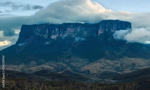 Mount Roraima, a flat-topped mountain shrouded in mist, rising dramatically from the surrounding jungle in Venezuela