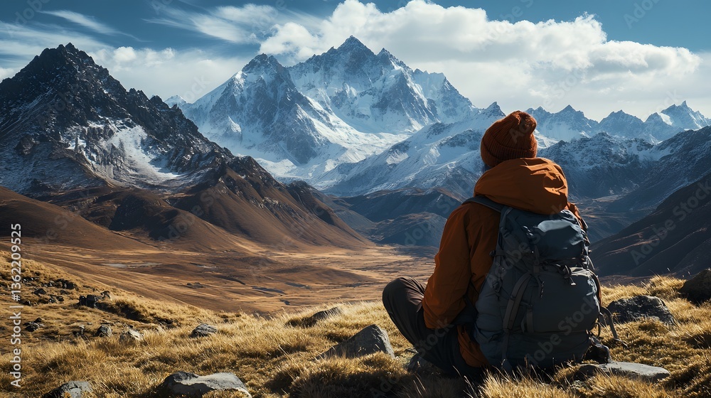 Fototapeta premium A lone hiker resting on a high-altitude plateau, gazing at the rugged peaks ahead