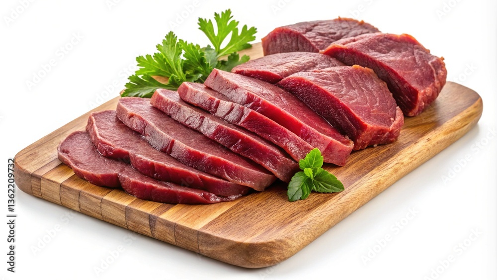 Freshly Cut Slices of Raw Red Meat on Wooden Cutting Board with Parsley and Mint Garnish Freshly Cut Slices of Raw Red Meat on Wooden Cutting Board with Parsley and Mint Garnish