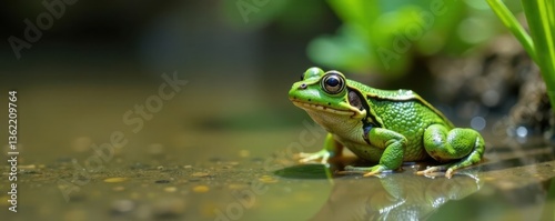 Sitting green frog in muddy pond, dirty, pond