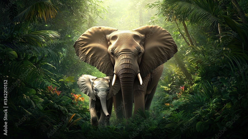 Fototapeta premium A majestic elephant and its calf stand amidst lush greenery, symbolizing the beauty of wildlife in a vibrant jungle setting.