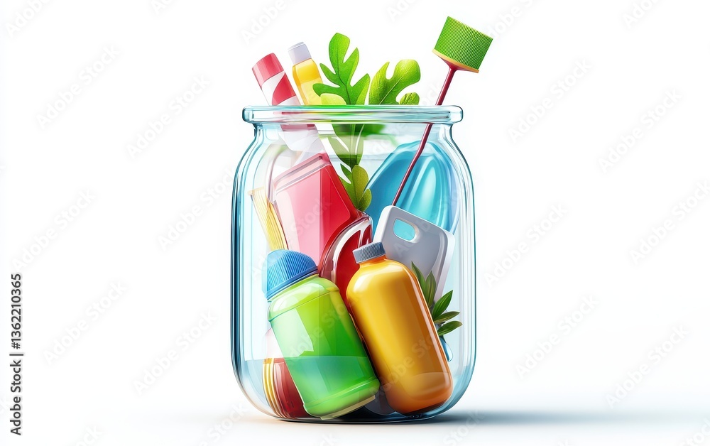 Obraz premium Glass jar filled with eco-friendly household items, reducing plastic waste, isolated on white background