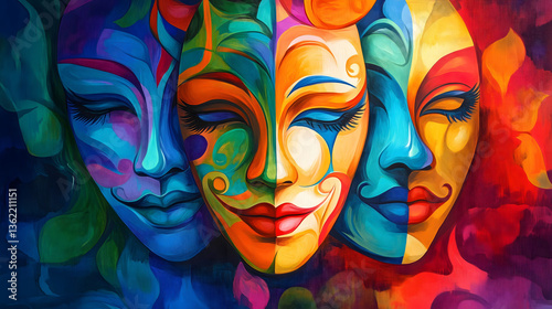 An artistic and vibrant illustration of multicolored theater drama comedy tragedy masks