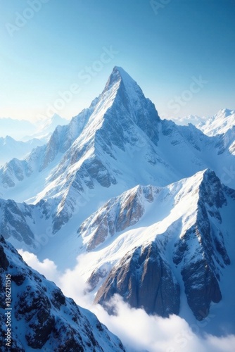 Snow-covered mountain peaks stretching towards the sky , serene, winter wonderland, winter