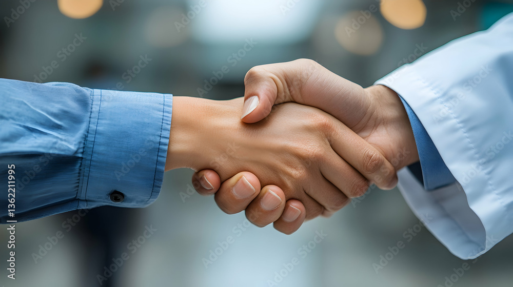 Fototapeta premium Clinic handshake patient meets doctor in a bright medical environment