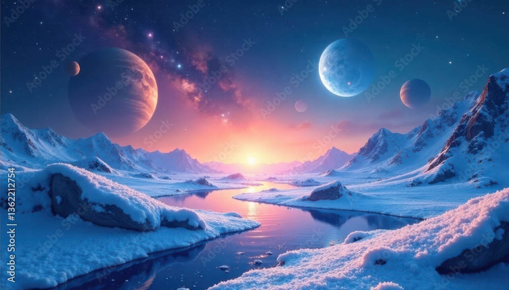 Fototapeta premium Snowy galaxy with stars and planets frozen in ice, winter, cosmos