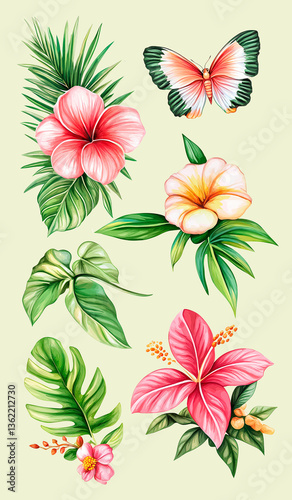 Tropical botanical set with hibiscus flowers, lush green leaves and a butterfly on a light background. 
