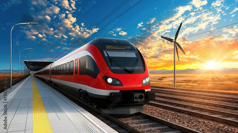 Fototapeta premium High-Speed Train at Sunset with Wind Turbines