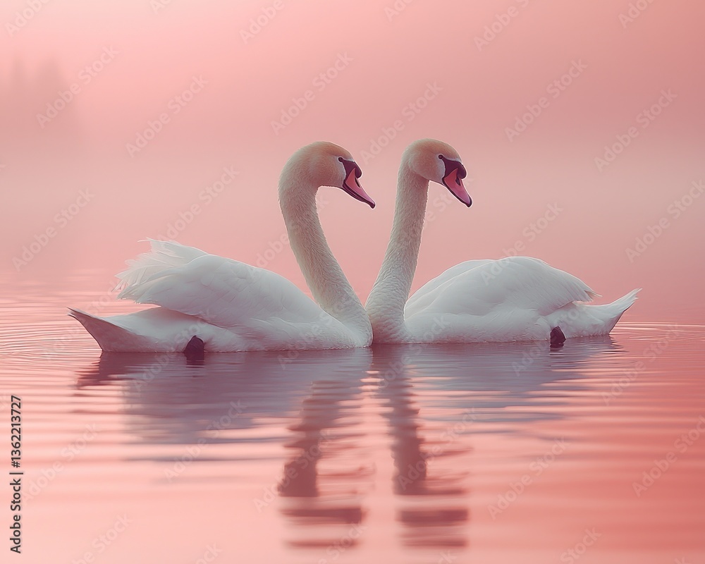 Fototapeta premium Two elegant swans gracefully swimming in a serene misty lake at dawn