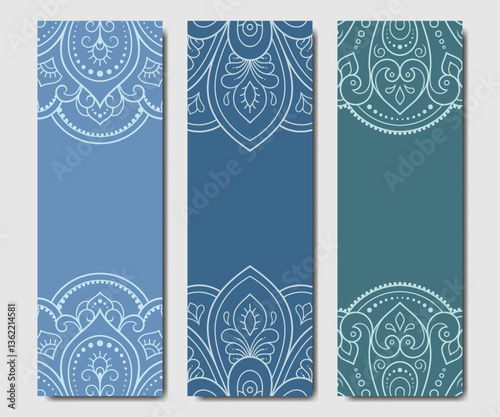 Set of design yoga mats. Lotus floral pattern, mandala in oriental style for decoration sport equipment. Colorful ethnic Indian ornaments for spiritual serenity. Decor of card, poster, print.