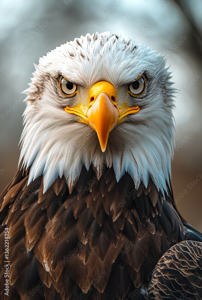 Obraz premium Close-up shot of a bald eagle's head with piercing eyes staring directly at the camera, sharp detail and natural textures, set against a softly blurred sky background in professional animal photograph