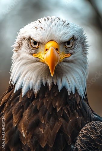 Close-up shot of a bald eagle's head with piercing eyes staring directly at the camera, sharp detail and natural textures, set against a softly blurred sky background in professional animal photograph