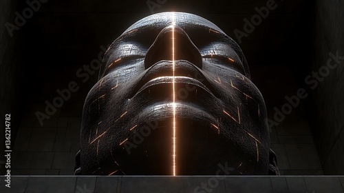 Illuminated stone head sculpture.