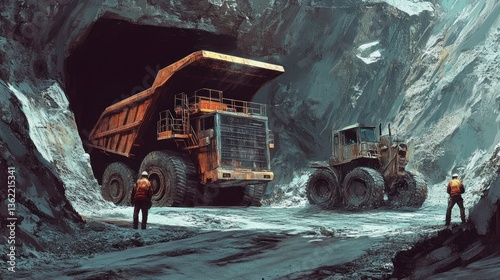 Gigantic mining dump truck under operation inside the dark rugged mine
