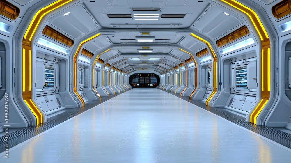 Obraz premium Futuristic Spaceship Corridor: A Gleaming Passage Through Modern Sci-Fi Architecture