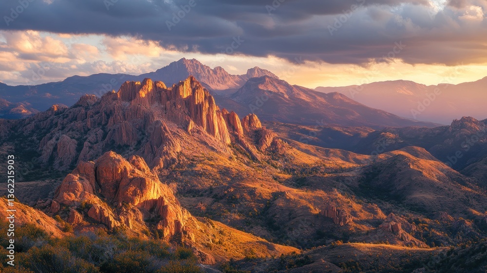 Fototapeta premium Scenic Patagonia landscape at sunset with rugged mountains and dramatic clouds