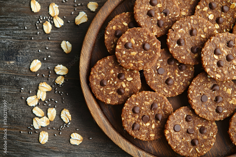 Naklejka premium Homemade Chocolate Chip Cookies on a Dark Wooden Table with Oats and Nuts