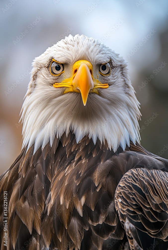 Obraz premium Close-up shot of a bald eagle's head with piercing eyes staring directly at the camera, sharp detail and natural textures, set against a softly blurred sky background in professional animal photograph