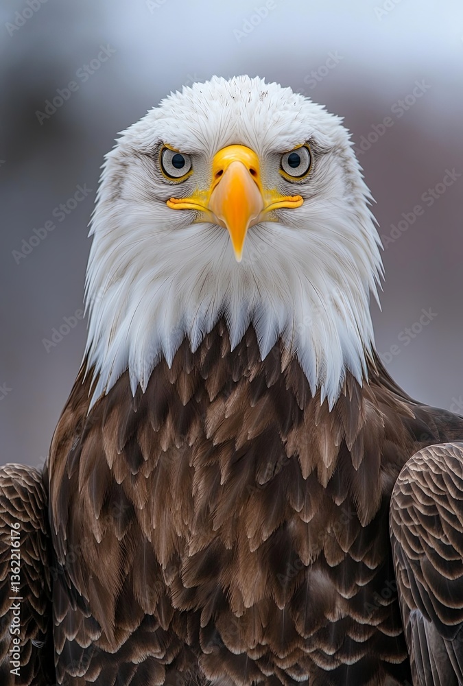 Fototapeta premium Close-up shot of a bald eagle's head with piercing eyes staring directly at the camera, sharp detail and natural textures, set against a softly blurred sky background in professional animal photograph