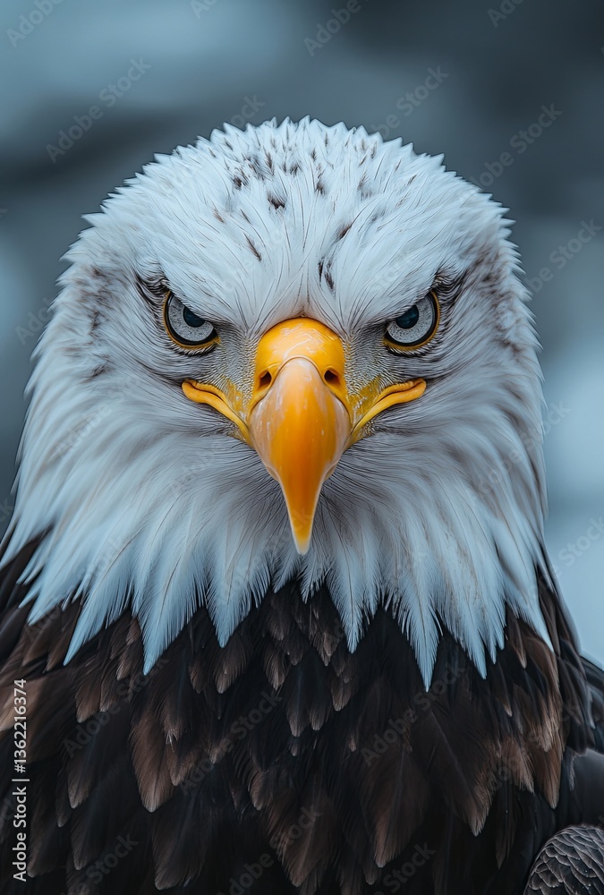 Obraz premium Close-up shot of a bald eagle's head with piercing eyes staring directly at the camera, sharp detail and natural textures, set against a softly blurred sky background in professional animal photograph