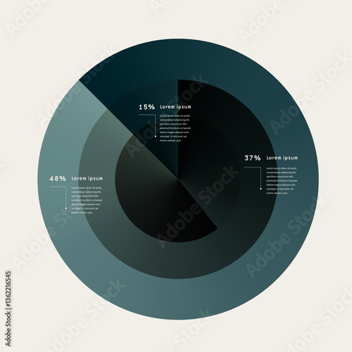 3D Pie Chart Dark Blue Infographics Vector Template. Reports and presentation layout. Minimal design, editable vector illustration.