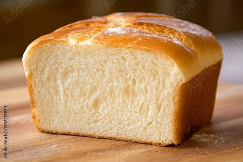 Loaf of white sandwich bread on wooden surface. Whole unsliced soft bread with golden crust. Homemade baking and breakfast food concept. Design for poster, print, banner, header